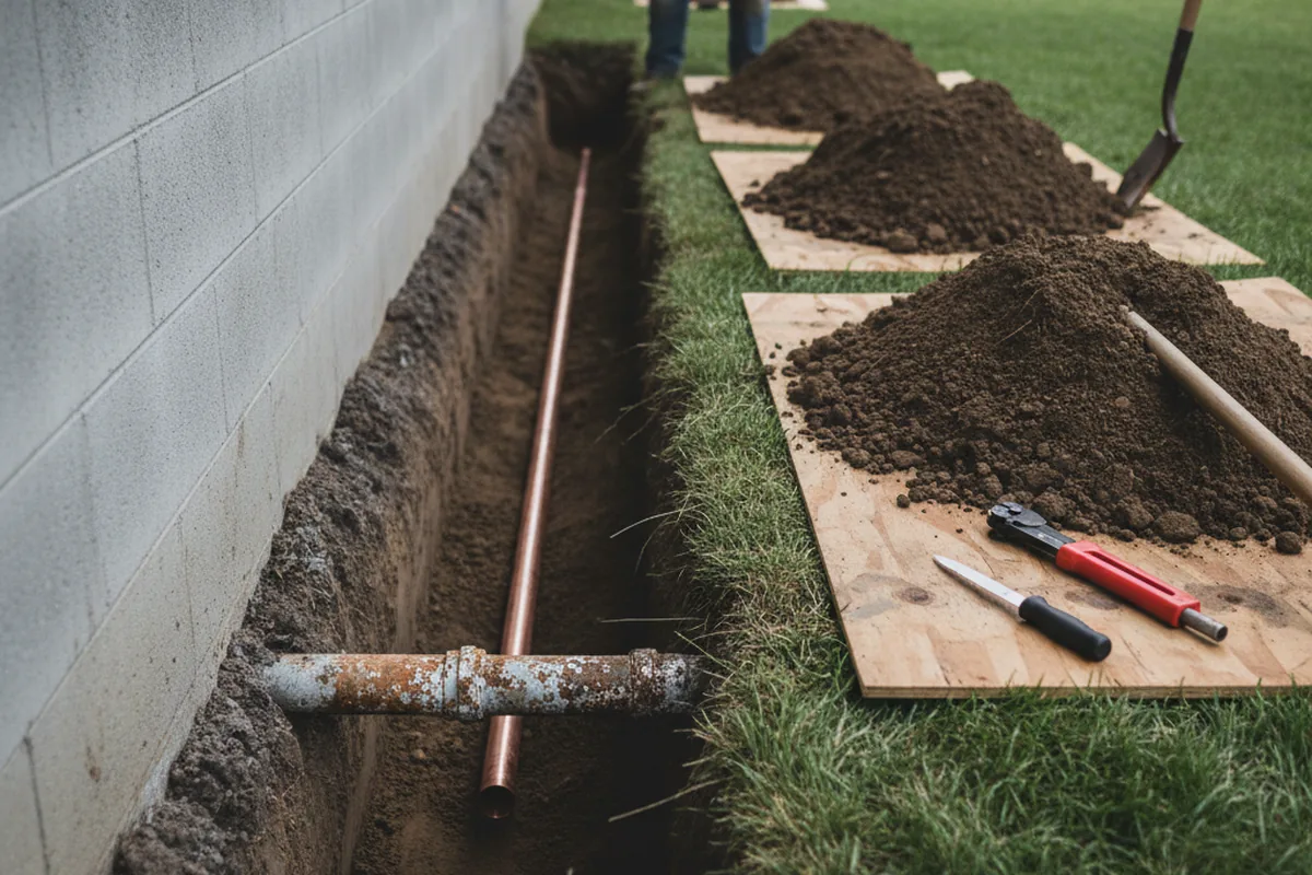 Excavated water line trench during Sewer Line Repair in Mosheim
